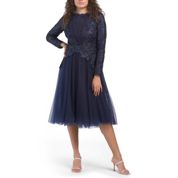 TADASHI SHOJI Midnight Lace Top With Tulle Skirt Gown